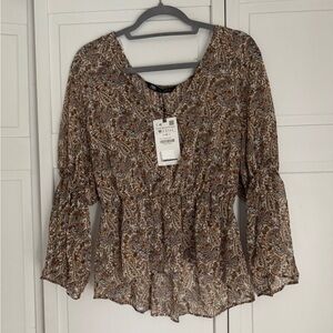 Zara Brown Tan Bell Sleeve Ruffled Blouse NWT